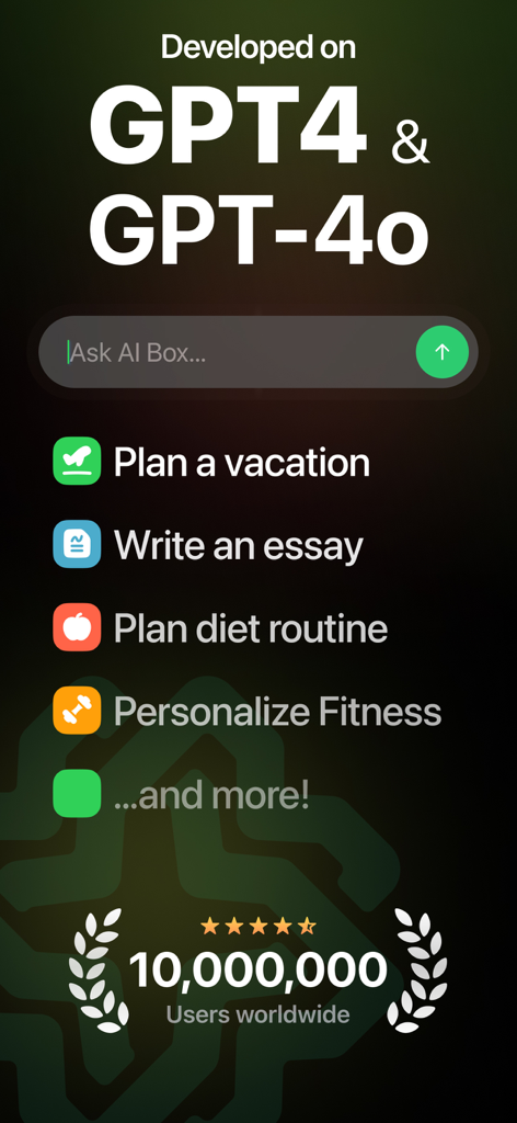 AI Box app interface highlighting GPT-4 and GPT-4o capabilities like planning and writing with 10 million users