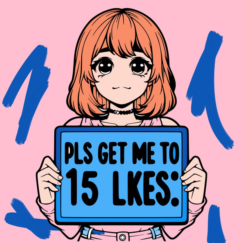 realistic girl holding up a sign that says “pls get me to 15 likes!”