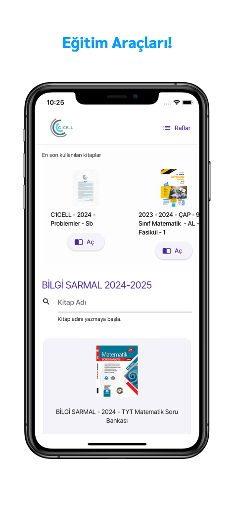 Interface da biblioteca digital do Isler Mobil Kutuphane mostrando livros didáticos educacionais turcos