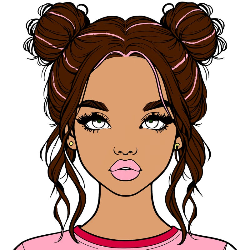realistic girl with two buns in hair and lips