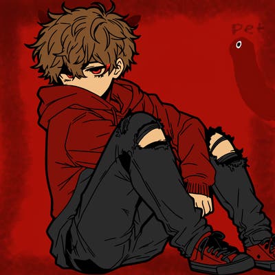 a male hoddie ripped jeans messy hair anime