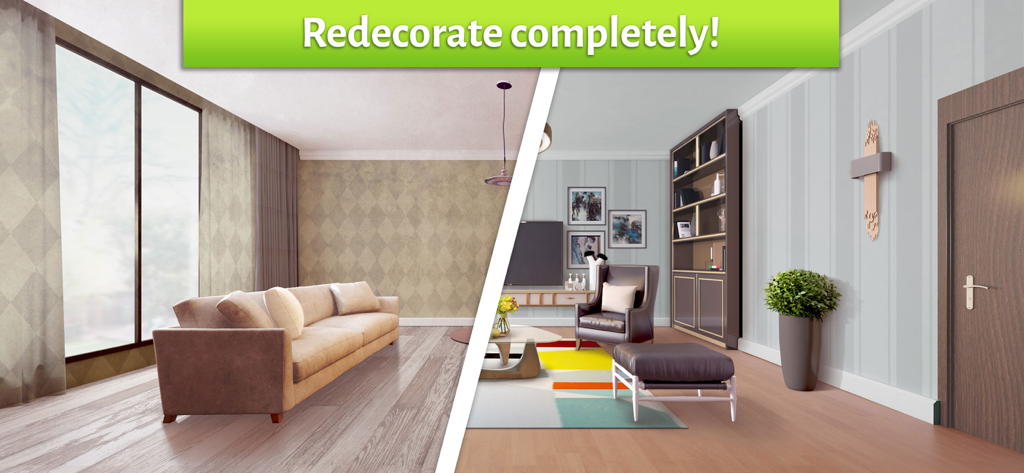 A side by side comparison showing a complete living room redecoration and makeover