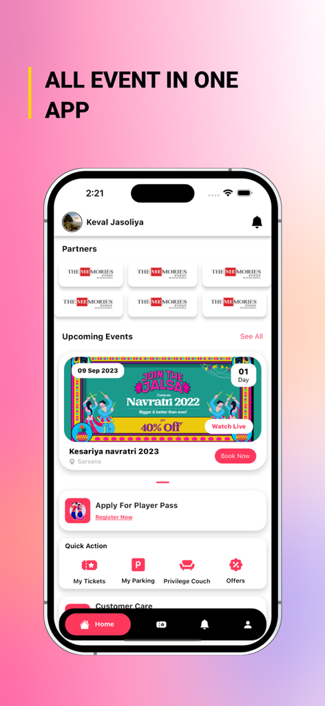 My Digi Event app home screen showing upcoming events and quick action buttons for tickets and parking