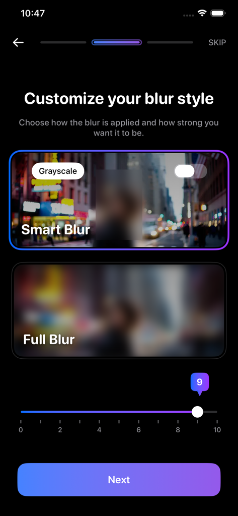 Interfaz de la aplicación HaramBlur mostrando opciones de personalización para Difuminado Inteligente y Difuminado Completo con un control deslizante para ajustar la intensidad del difuminado