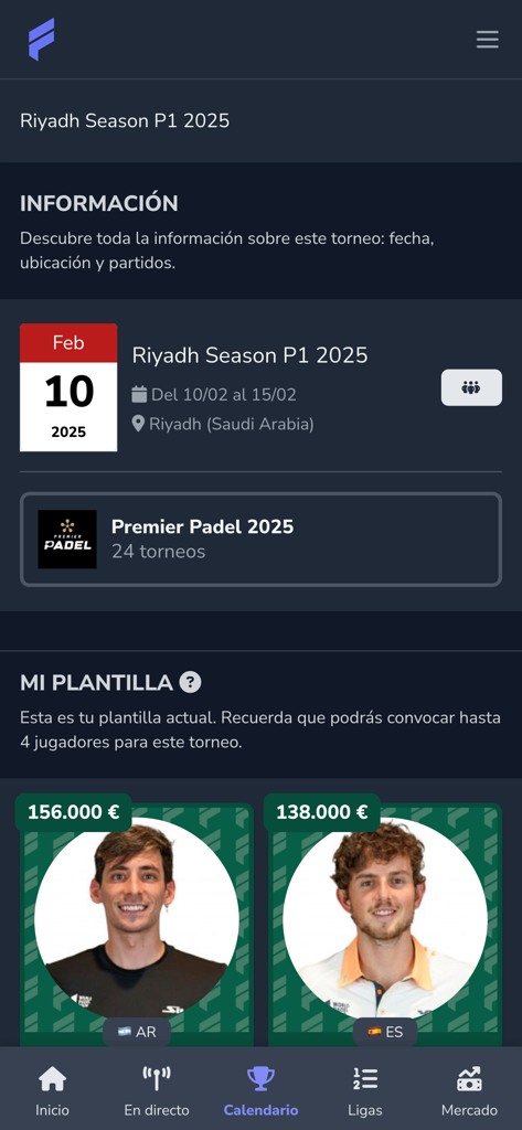 Fantasy Padel Tour - Fantasy Padel Tour app interface displaying tournament info and player roster