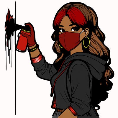 realistic girl with mask spray painting a wall