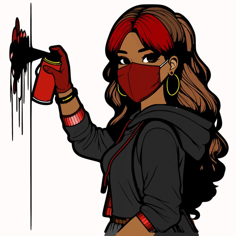 realistic girl with mask spray painting a wall