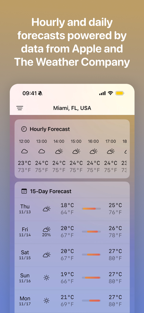 Franz Fahrenheit (& Celsius) - Franz Fahrenheit weather app screenshot showing Miami forecasts with simultaneous Celsius and Fahrenheit readings