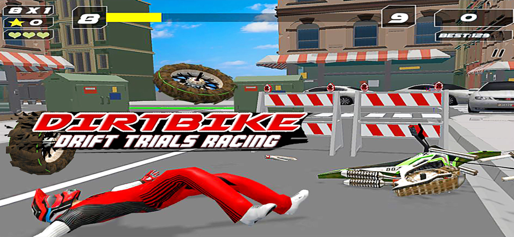 Dirt Bike Drift Trails Racing - A motorcycle racer in a red suit lying on a city street after a crash in the Dirt Bike Drift Trails Racing mobile game.