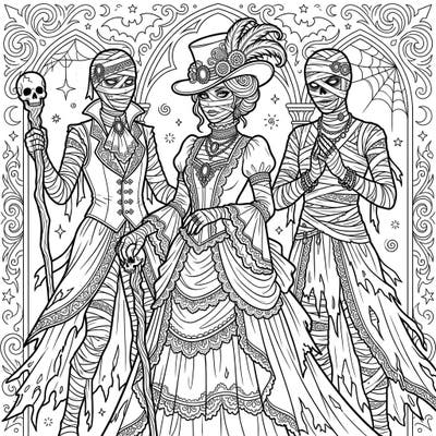 Unleash your creativity with this intricate coloring page featuring reanimated mummies in a hauntingly beautiful Gothic style. Dive into a world of Victorian elegance and supernatural charm, perfect for colorists seeking a unique artistic challenge.