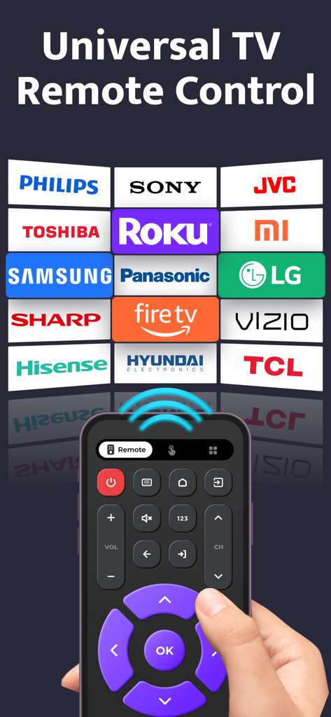 TV Remote, Universal Remote - Uno smartphone che visualizza un'interfaccia di app di telecomando TV universale compatibile con i principali marchi come Samsung, LG, Sony e Roku