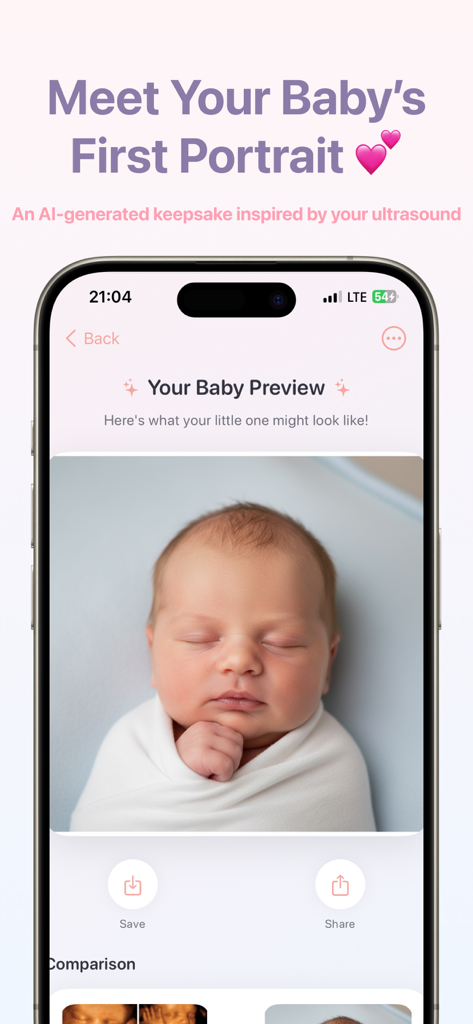 Baby Reveal - A realistic AI-generated portrait of a sleeping newborn baby shown within the Baby Reveal app interface on a smartphone