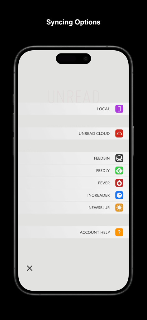 Unread RSS reader syncing options screen showing various services like Feedbin and Feedly on an iPhone