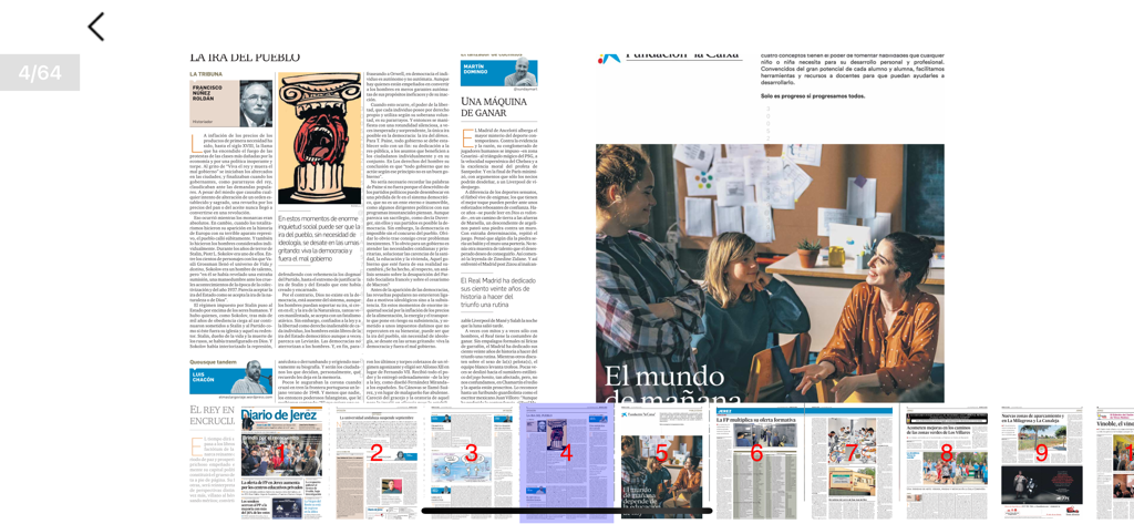 Diario de Jerez - Interface de leitura digital do aplicativo Diario de Jerez exibindo artigos de notícias e uma barra de navegação em miniatura