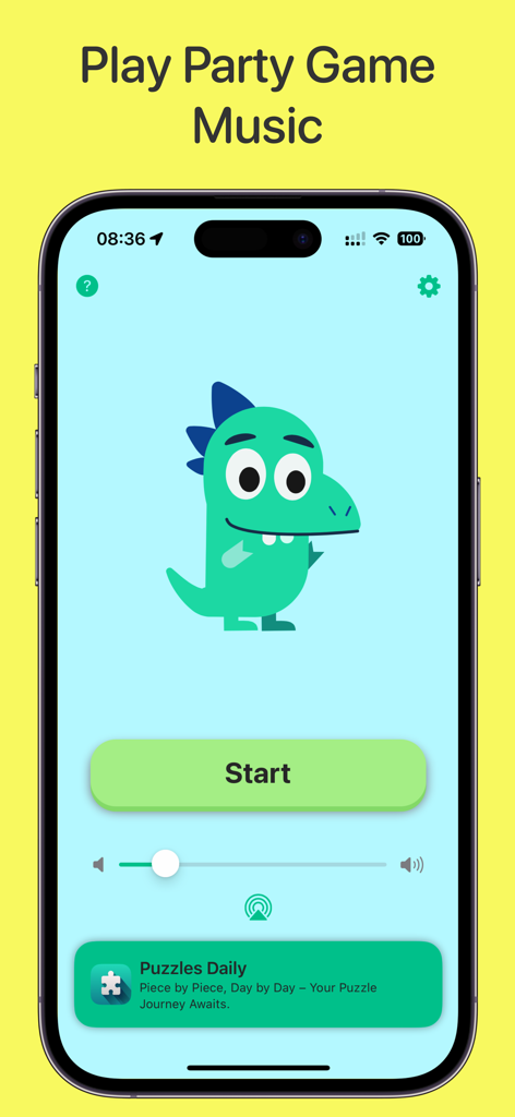 Musical Chairs: Party Games - Start screen of the Musical Chairs app with a friendly dinosaur character and a play button