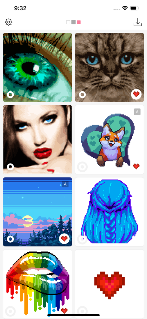 A gallery view of various pixel art designs in the Sandbox coloring app including a cat an eye and a fox.