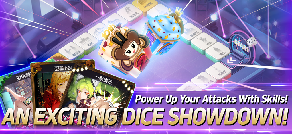 Game of Dice: Board&Card&Anime - A colorful anime board game scene featuring character skill cards and custom dice.