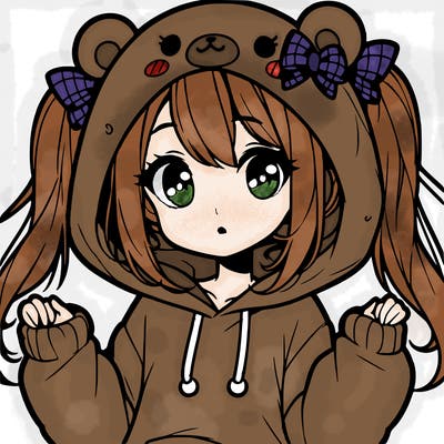 cute anime girl with ponytails and a cute bear hoodie