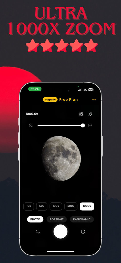 Tele Camera : 1000x Ultra Zoom - Tele Camera app on iPhone showing a 1000x ultra zoom photo of the moon