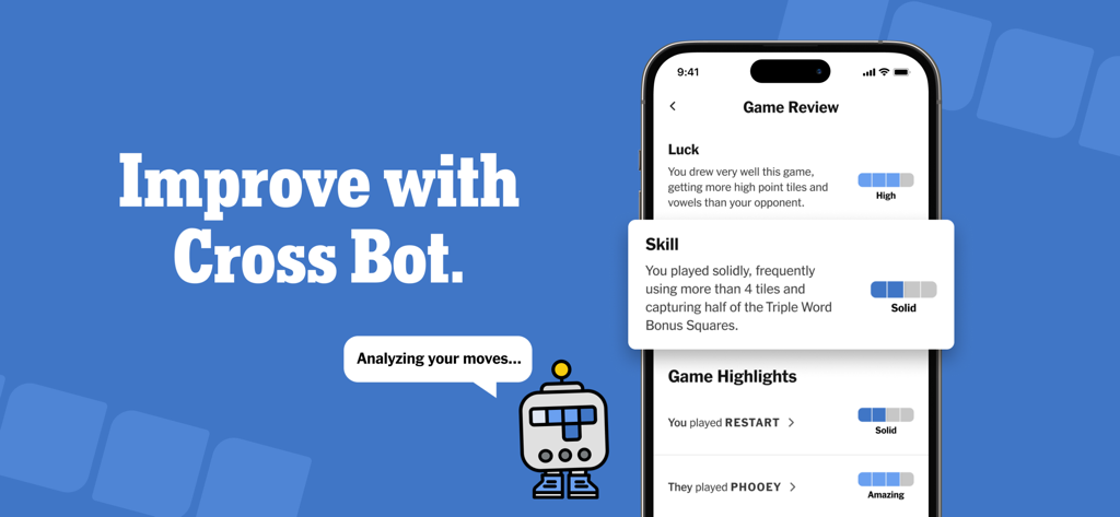A mobile screen showing a game review analysis from NYT Crossplay including luck and skill ratings with the Cross Bot character