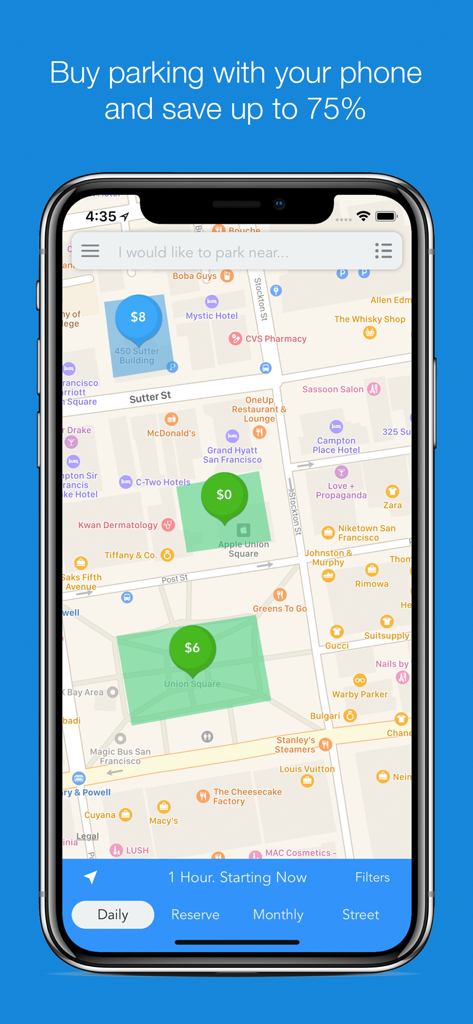 Map view of ParkMe Parking app showing real time parking prices in San Francisco