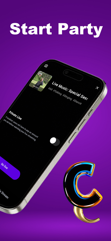 Um smartphone a exibir a interface da app TicTic para iniciar uma sessão de música ao vivo ou transmissão privada.