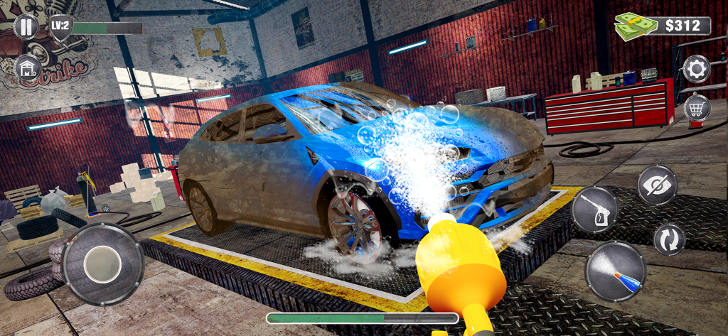 Car Wash - Power Washing Game - Un SUV bleu sale en cours de nettoyage avec un pulvérisateur d'eau à haute pression dans un garage dans un jeu de simulation de lavage de voiture