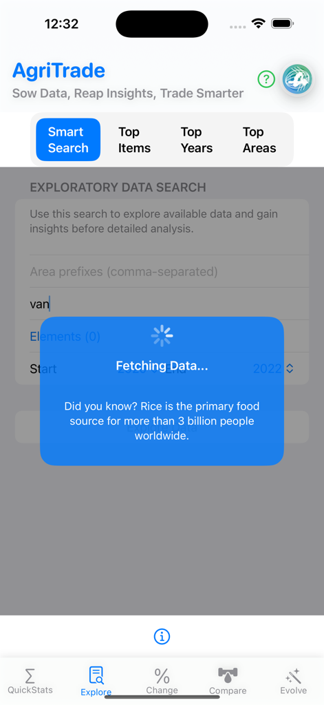 AgriTrade - AgriTrade app loading screen in the Explore section with a Fetching Data message and rice production trivia.