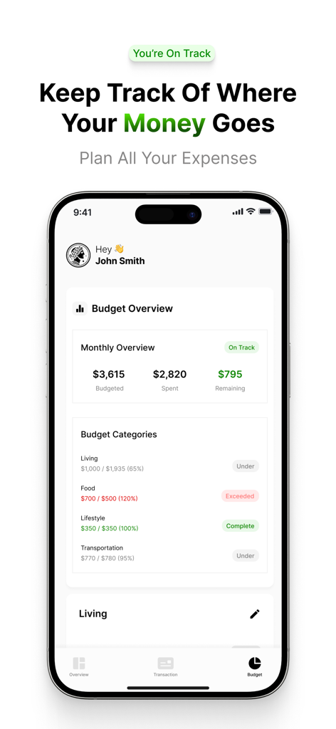 WalletWize: Track Money Better - 월별 예산 개요와 분류된 지출 추적이 표시된 WalletWize 모바일 앱 인터페이스