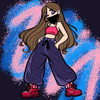 girl in baggy pants crop top and long hair