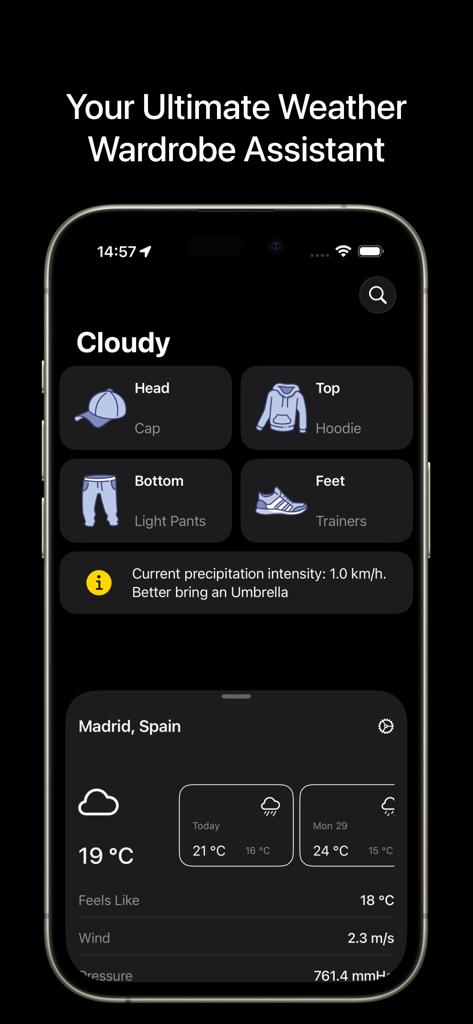 iWear: Weather Fit - iWear mobile app interface showing personalized clothing recommendations for a cloudy day including a hoodie, light pants, and trainers.