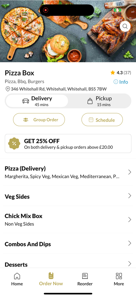 Schermata principale dell'app Pizza Box Whitehall che mostra categorie di cibo e opzioni di consegna