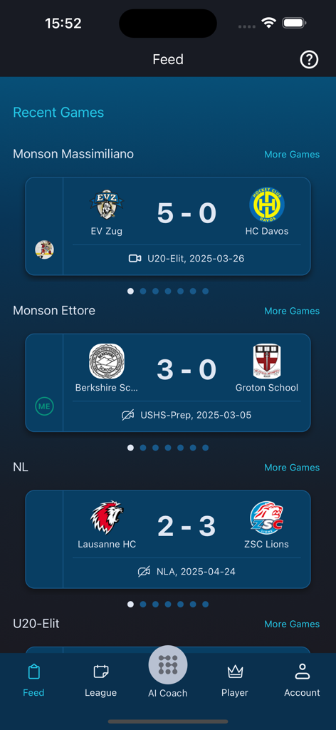 Hockey AI - Hockey AI app feed showing recent game scores and league updates