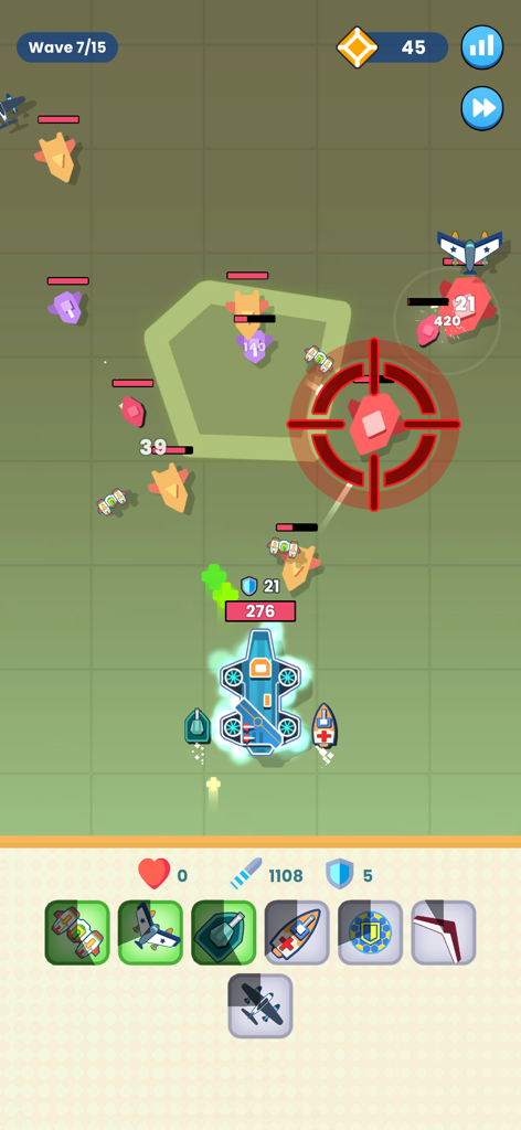 Inventory Merge Combat - Top-down view of ships and planes engaging in strategic naval combat in Inventory Merge Combat.