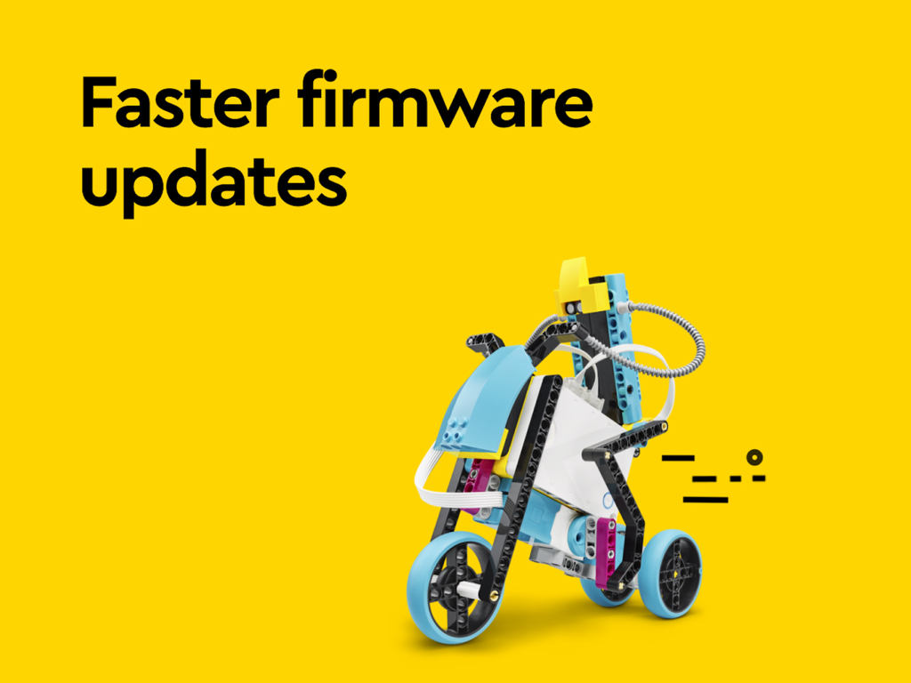 Spike™ LEGO® Education - Un robot LEGO Spike sobre un fondo amarillo con texto sobre actualizaciones de firmware más rápidas