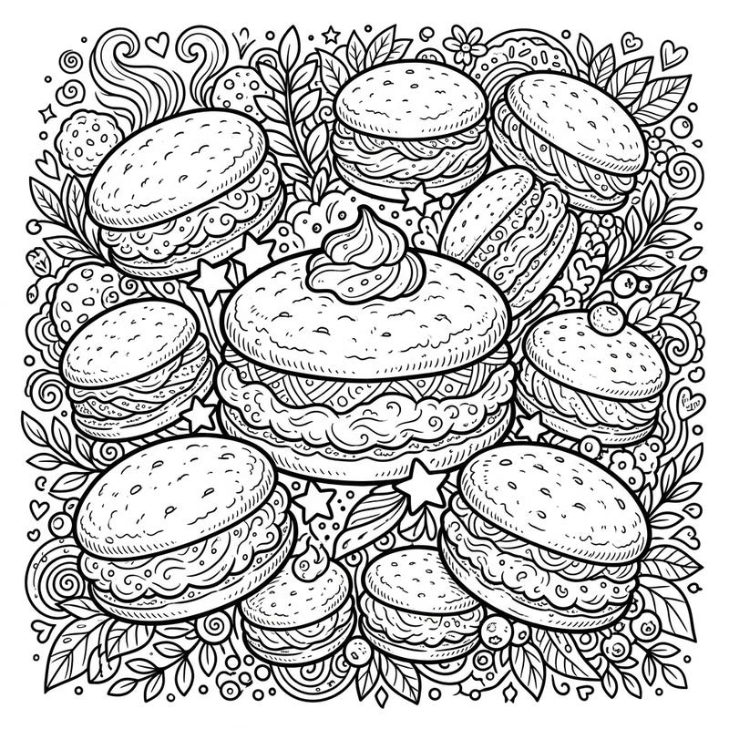 Indulge your artistic sweet tooth with this delightful Whoopie Pies coloring page, perfectly designed for creative teens. Explore a detailed world of soft cookies and creamy fillings, waiting for your unique color palette.