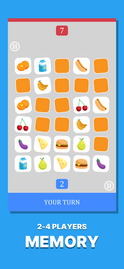 Interfaz de juego de memoria multijugador local con iconos coloridos de comida