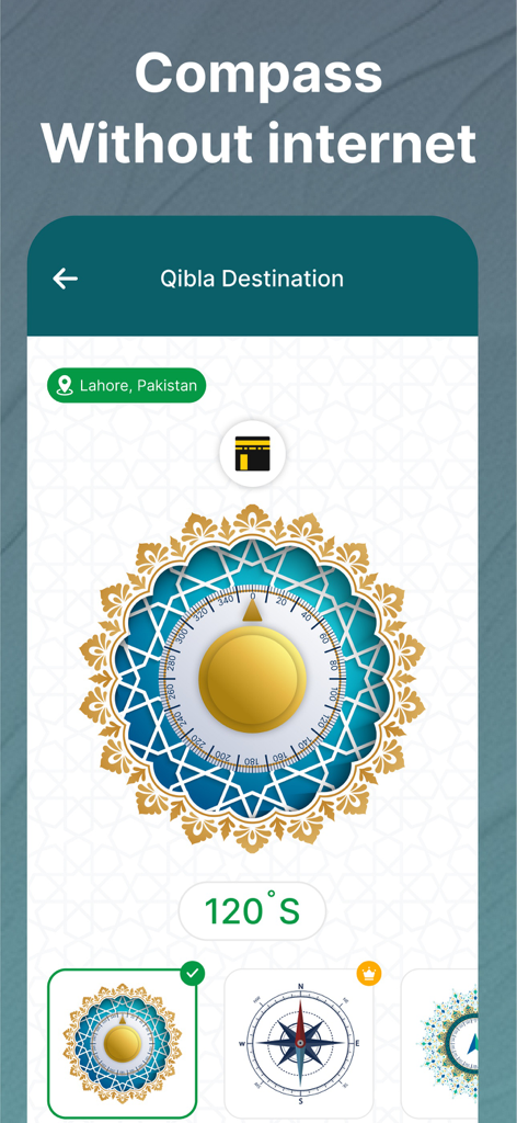 Interfaz de la aplicación Al Qibla Finder que muestra una brújula sin conexión para determinar la dirección de la oración hacia la Kaaba