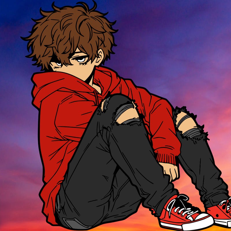 a male hoddie ripped jeans messy hair anime