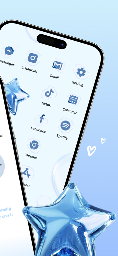 Wallpapers, Widget & Theme App - Aesthetic blue themed iPhone home screen with custom bubble icons and glass star decorations