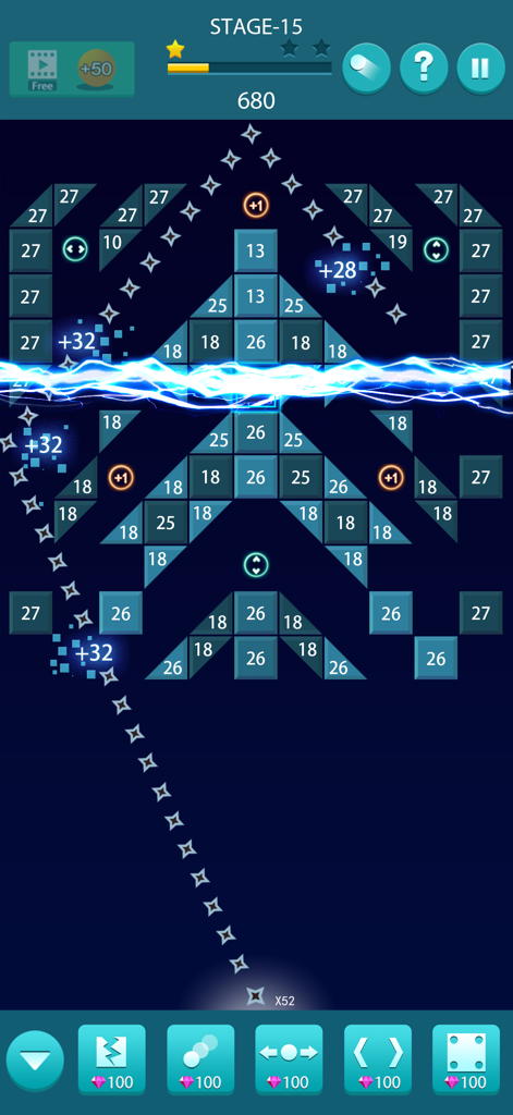 Bricks and Balls : Brick Game - Bricks and Balls gameplay showing ball trajectory and numbered bricks with an electric power up effect
