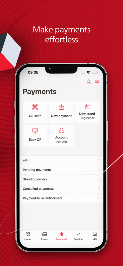 BCGE Mobile Netbanking app interface showing the payments dashboard with QR scan and transfer options.
