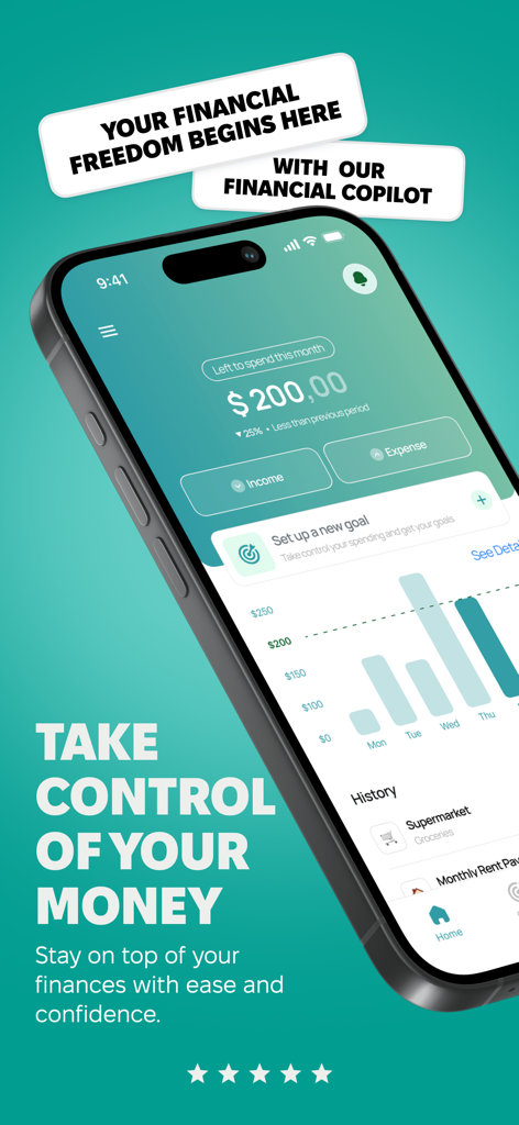 AI Budget Calculator - Aisance - Aisance AI budget calculator app dashboard showing monthly spending summary and financial goal settings