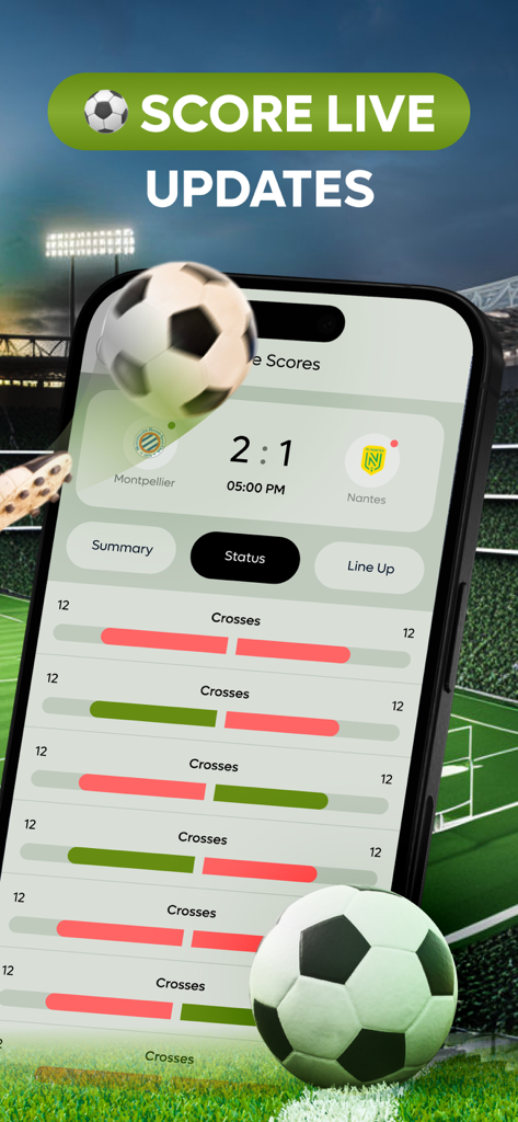 Live Football TV : Live Scores - Écran de smartphone affichant les scores de football en direct et les statistiques du match pour Montpellier contre Nantes