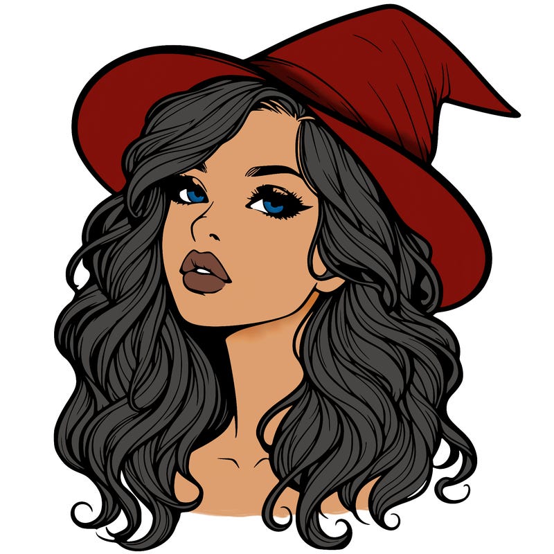 realistic witch girl with wavy hair and lips