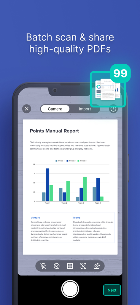 Easy Scanner Camera to PDF - Interfaz de la aplicación móvil Easy Scanner mostrando la función de escaneo por lotes para capturar múltiples documentos en PDFs de alta calidad.