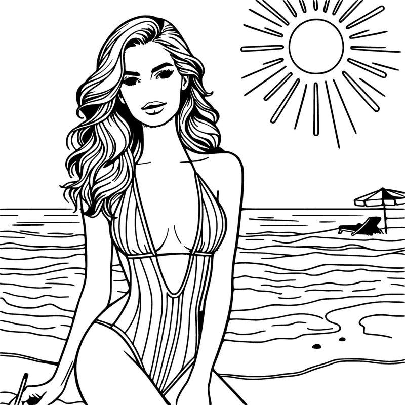 realistic woman modeling in the sand at the beach in swim suit with sun shining