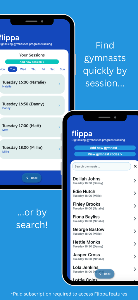 Flippa - Flippa app screenshots showing how to find gymnasts by session or search.