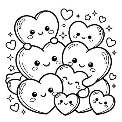 Discover an enchanting world of cuteness with these Kawaii plush hearts, each featuring a delightful, smiling face ready for color. This charming coloring page is perfect for kids aged 4-8, offering a joyful and engaging artistic experience.