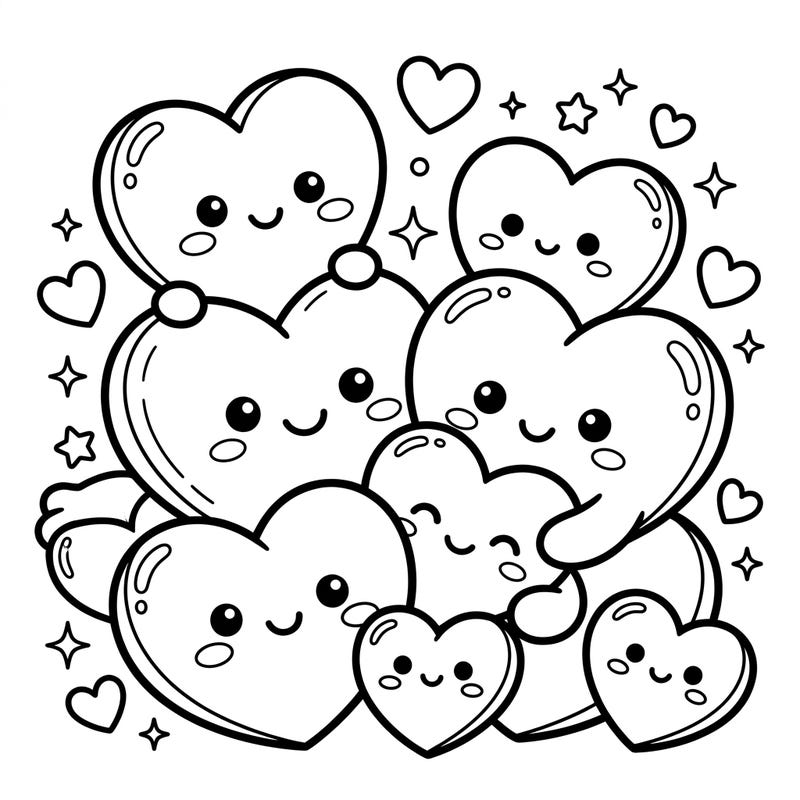 Discover an enchanting world of cuteness with these Kawaii plush hearts, each featuring a delightful, smiling face ready for color. This charming coloring page is perfect for kids aged 4-8, offering a joyful and engaging artistic experience.